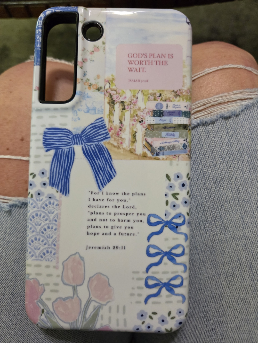 S22 Plus Floral & Bow Inspirational Phone Case - Blue Accents